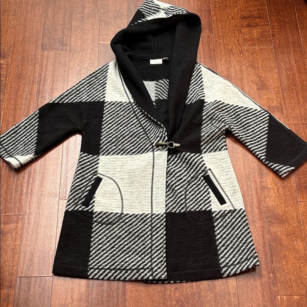 Kenar Wool Blend Black and White Hooded Coat, Size XL